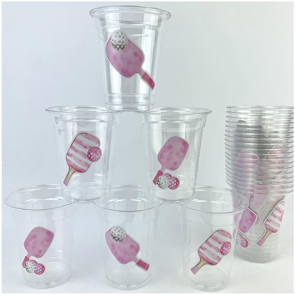 Pink Pickleball Party Cups, 12 oz Disposable Plastic, 24 Count, Sports Theme Design, Birthday Drink Containers