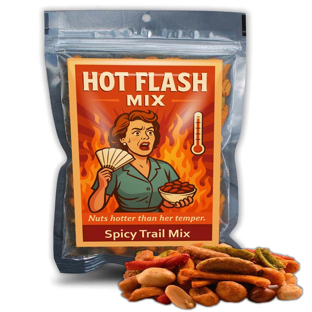 Hot Flash Trail Mix Funny Mothers Day Snack Gift for Women Spicy Gag Gift for Moms, Friends, and Menopausal Queens 8oz Bold Snack Mix with Attitude