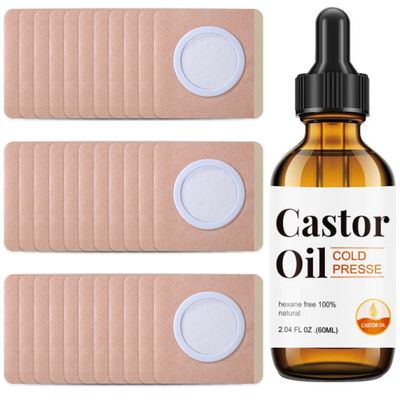 30Pcs Disposable Castor Oil Belly Button Patch with Organic Cold Pressed Glass Bottle 2.04oz | Self-Adhesive Castor Oil Patches for Neck/Shoulders/Knees | No Wash | Organic Cotton | Anti-Seepage
