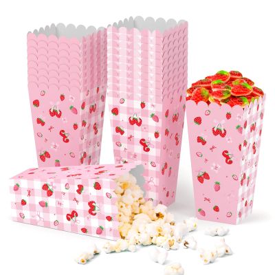 20Pcs Pink Bow Strawberry Popcorn Boxes, Bows Berry Sweet Party Paper Popcorn Candy Goodies Gift Bag for Girls Trendy Berry First Birthday Baby Shower Bachelorette Graduation Party Favor Supplies, L