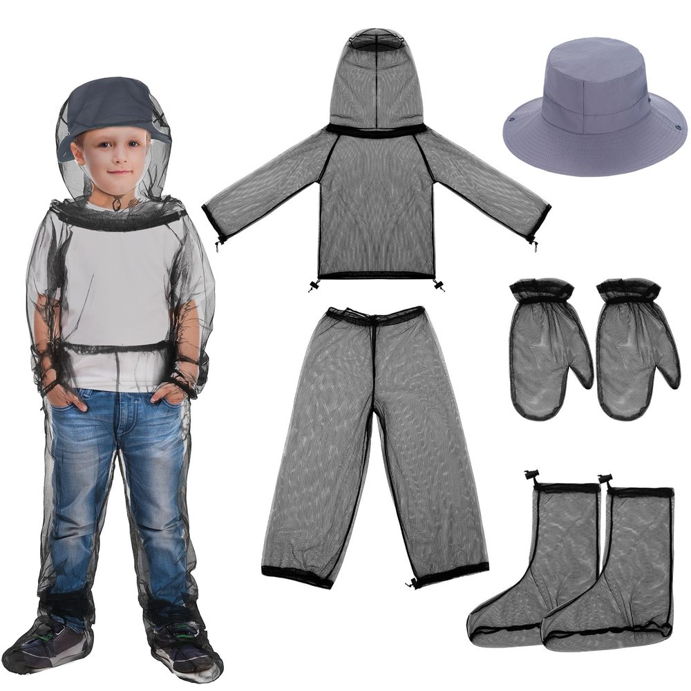 Threehoney Kids Mosquito Outdoor Suit Breathable Net Fishing Hat Netting Protection Cap Hood Ultra-fine Mesh Jacket and Pants Mitt Socks for Girls Boys Gardening Camping Hiking