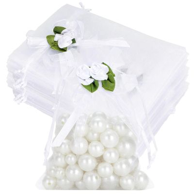 joycraft 4x6 In Organza Bags with Rose, 30Pcs White Wedding Party Favor Bag, Jewelry Pouches with Drawstring, Sheer Mesh Drawstring Bags for Jewelry, Makeup, Candy, Desserts