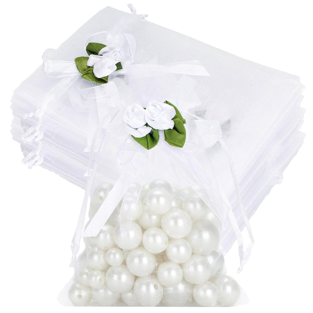 joycraft 4x6 In Organza Bags with Rose, 30Pcs White Wedding Party Favor Bag, Jewelry Pouches with Drawstring, Sheer Mesh Drawstring Bags for Jewelry, Makeup, Candy, Desserts