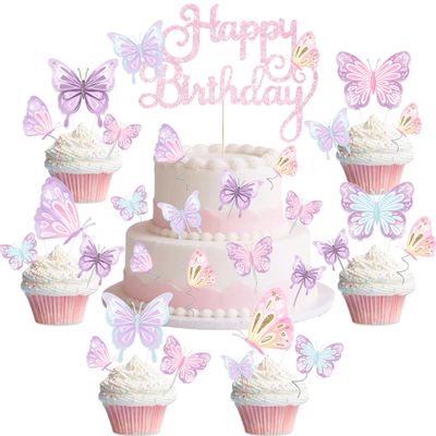 87 Pcs Pink Butterfly Birthday Party Cupcake Topper Decorations for Spring Butterfly Girls Baby Shower 1st 2nd 3rd 4th 5th Birthday Party Cake Supplies Favors