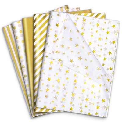 120 Sheets Gold Tissue Paper for Gift Bags 20 x 14 Inch Metallic Gold White Tissue Paper with Dots Stripes for Cheer Bags Father's Day DIY Crafts Wedding Anniversary Decorations