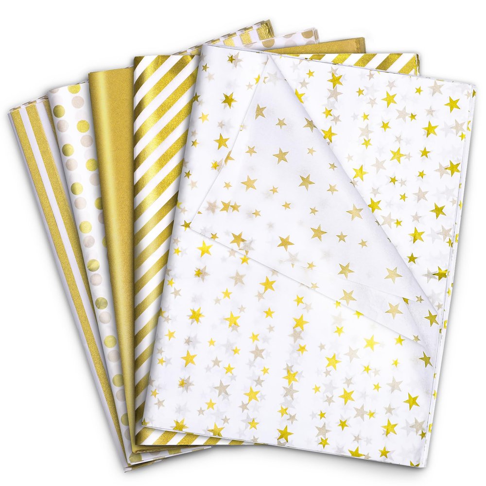 120 Sheets Gold Tissue Paper for Gift Bags 20 x 14 Inch Metallic Gold White Tissue Paper with Dots Stripes for Cheer Bags Father's Day DIY Crafts Wedding Anniversary Decorations