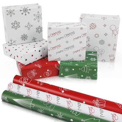 WRAP STORM Reversible Christmas Wrapping Paper 3 Rolls (17" x 120") Gift Wrap with 6 Holiday Designs: Santa, Trees, Snowflakes & Festive Dots