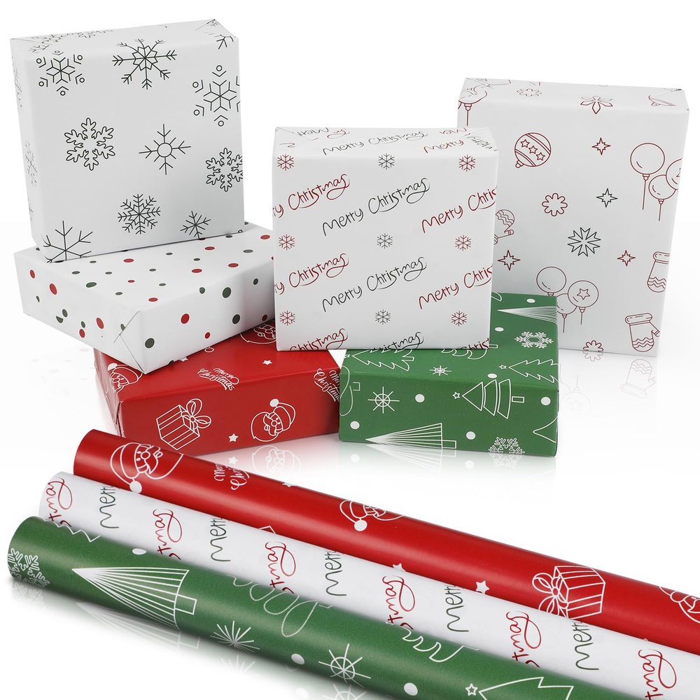 WRAP STORM Reversible Christmas Wrapping Paper 3 Rolls (17" x 120") Gift Wrap with 6 Holiday Designs: Santa, Trees, Snowflakes & Festive Dots
