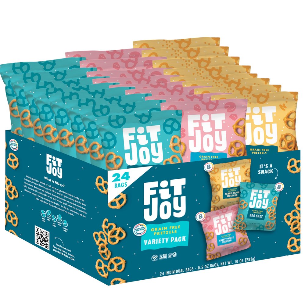 FitJoy Pretzel Variety Pack of 24 (0.5 Oz) - Tangy Dijon Mustard, Sea Salt, Cheezy White Cheddar Pretzel Twists - Dairy, Nut & Gluten Free Pretzels - Grain Free Tasty Snack Pretzels for Moms and More