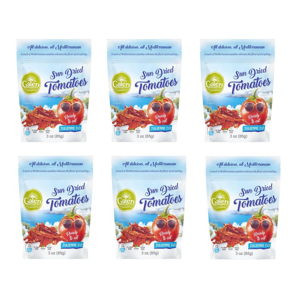 Galen Sun Dried Tomatoes, Julienne Cut, Soft, Moist, Ready to Eat, Mediterranean Flavor Sundried Tomato, Gmo Free, Kosher, Vegan, No Sugar Added, Resealable Bag, 3 oz (Pack of 6)