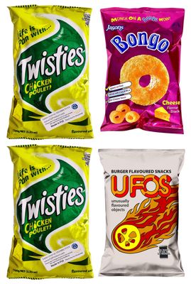 Combo Puffs Snack - 2 x 100g Twisties Chicken Poulet, 1 x 100g UFO'S & 1 x 28g Bongo Cheese (Value Pack Of 4) Favorite Snack Of The Pacific Islanders