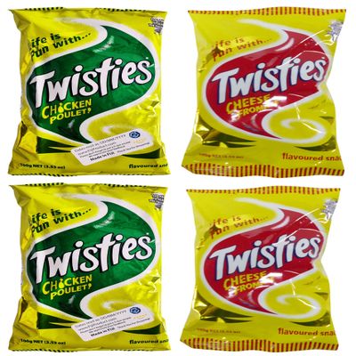 Combo Puffs Snack - 2x 100g Twisties Chicken Poulet Flavor, 2x 100 Twisties Unique Cheese (Value Pack Of 4) Favorite Snack Of The Pacific Islanders, Classic Flavor Snacks
