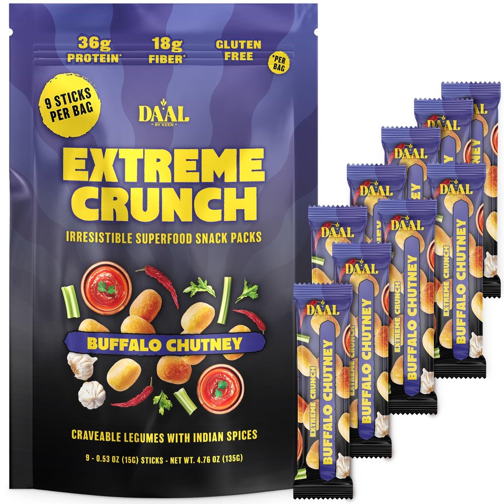 Daal Crunchy & Spicy Snacks Vegan Snacks Made from Mung Beans Gluten Free & Nut Free Moong Dal High Fiber Snacks Packed with 36g of Plant Based Protein per Bag Buffalo Chutney 9 Pack