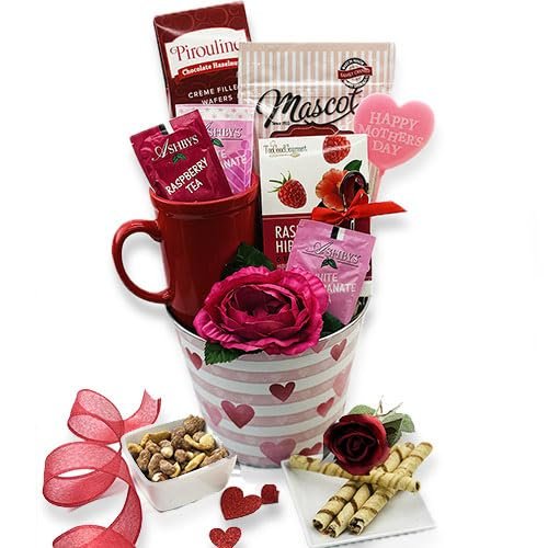 Mother's Day Tea and Treats Gift Basket, Ceramic Mug with Snacks, Hearts Design