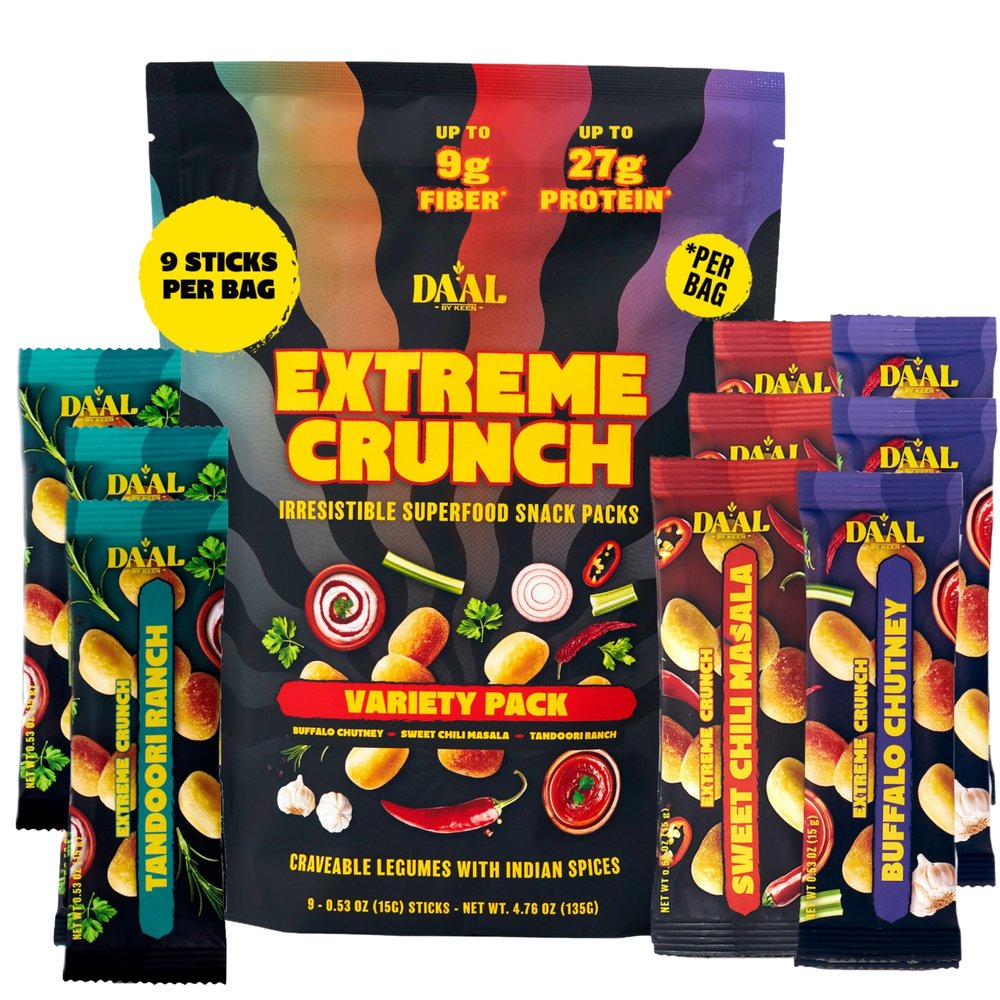 Daal Crunchy & Spicy Snacks Healthy Snacks Made from Mung Beans Gluten Free & Nut Free Moong Dal High Fiber Snacks Packed with 27g of Plant Based Protein per Bag Variety Snack Pack 9 Count