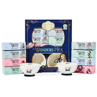 Alices Adventures in Wonderland Tea Assortment Gift Set, Includes 2 Ceramic Cups and 32 Tea Bags of Herbal, Black, and Green Tea in Whimsical Book-Shaped Packaging, Set of 34
