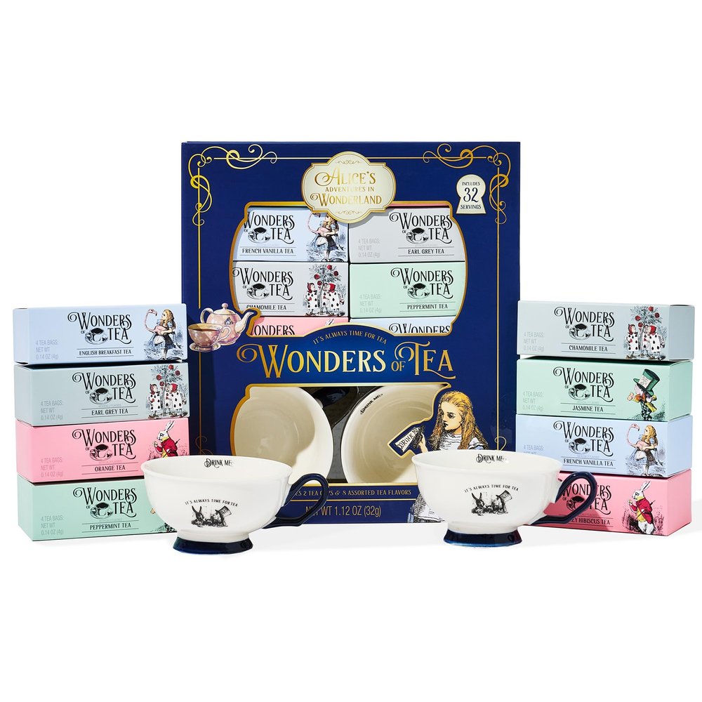 Alices Adventures in Wonderland Tea Assortment Gift Set, Includes 2 Ceramic Cups and 32 Tea Bags of Herbal, Black, and Green Tea in Whimsical Book-Shaped Packaging, Set of 34