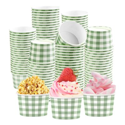 120 Pcs Gingham Paper Cups 12 oz Disposable Green Paper Dessert Snack Bowls Sage Green Gingham Ice Cream Cups Food Yogurt Cup Containers for Hot or Cold Food Soup CandiesBirthday Wedding Bride Shower
