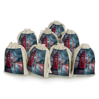Red Telephone Booth And Big Ben in London Street Jewelry Bags Gifts Pouches Mini Candy Bags Drawstring Organizer Pouch for Party Christmas