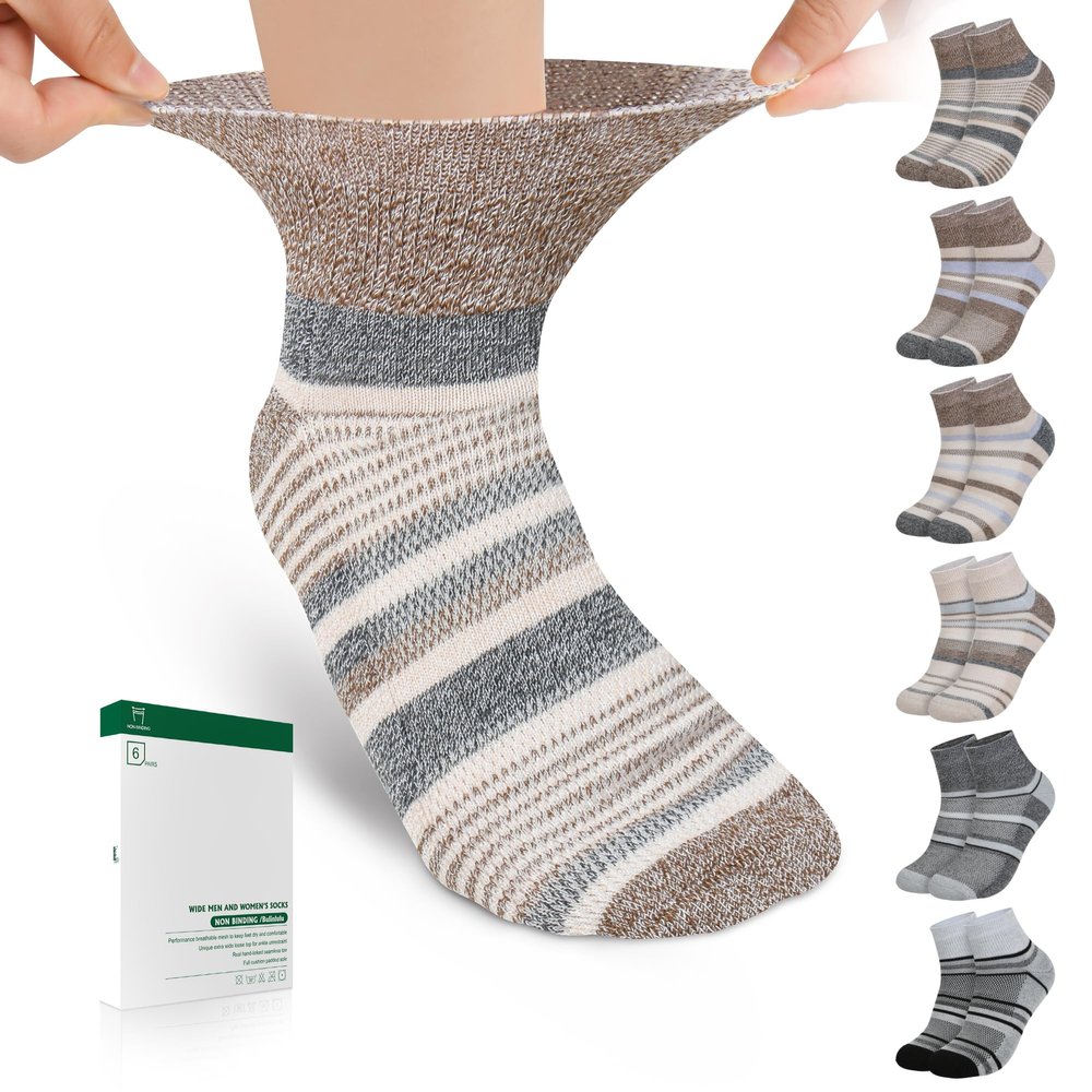 Bulinlulu Diabetic Socks for Women Men,6 Pairs Non Binding Diabetic Ankle Wide Socks with Seamless Toe Size 9-12 10-13(Large,Dark Brown Stripe)