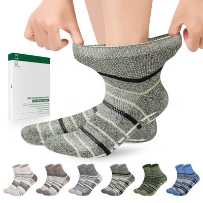 Bulinlulu Diabetic Hospital Socks with Grips for Men Women, 6 Pairs Non Binding Diabetic Ankle Slipper Socks Size 9-11(Dark Mix Stripe-Medium)