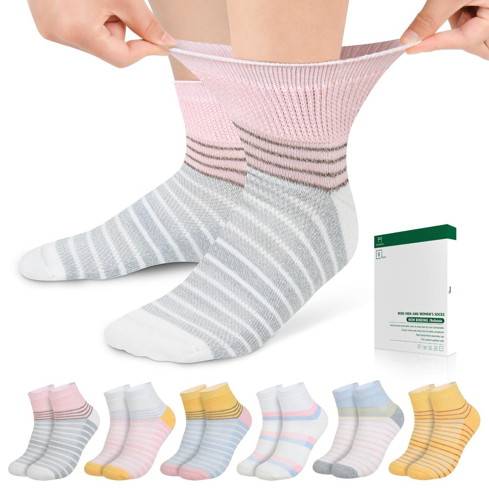Bulinlulu Diabetic Socks for Men Women,6 Pairs Non Binding Ankle Diabetic Socks for Women Men Size 9-12 10-13(Light Bright Stripe-Medium)