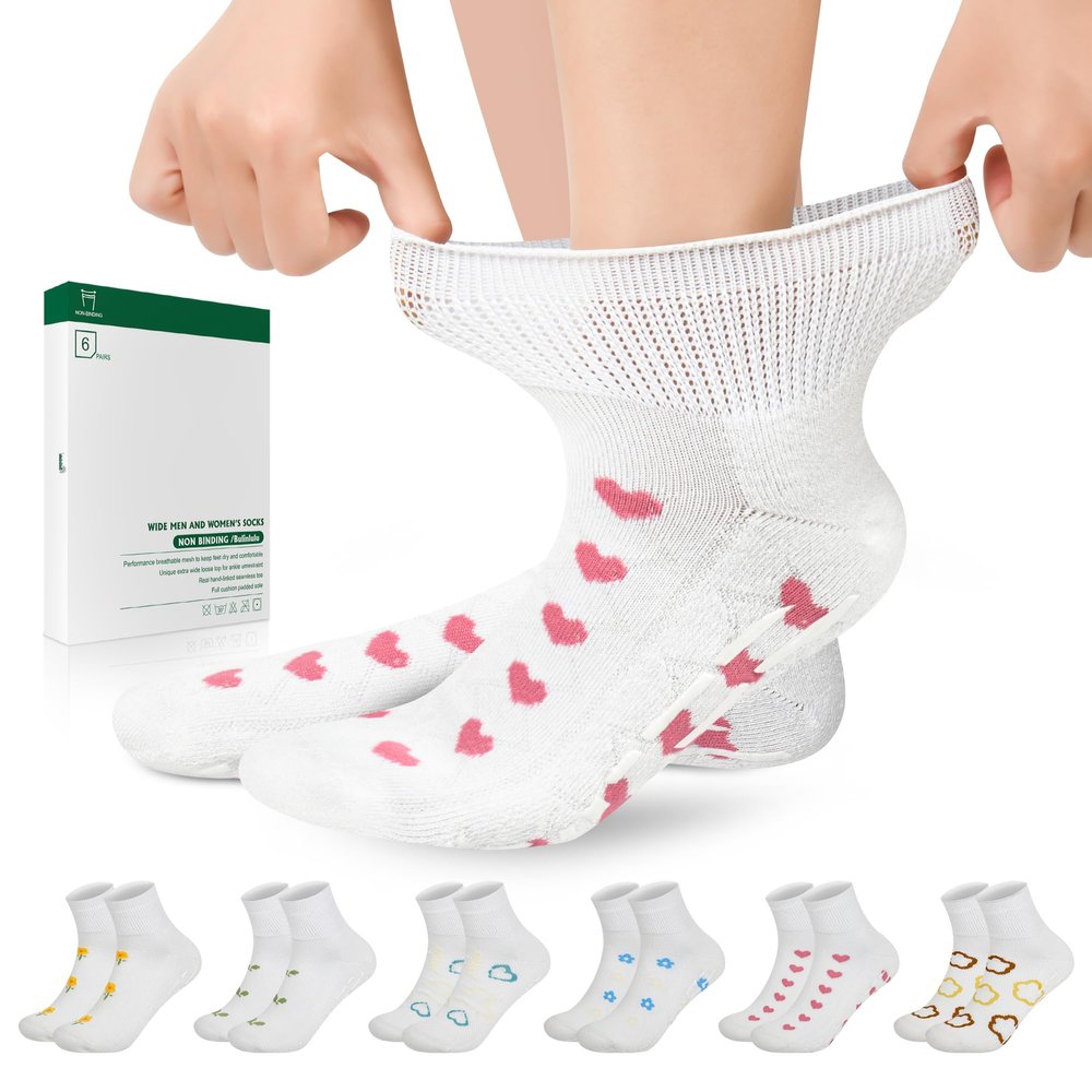 Bulinlulu Diabetic Hospital Socks with Grips for Men Women, 6 Pairs Non Binding Diabetic Ankle Slipper Socks Size 9-11(Pattern-Large)