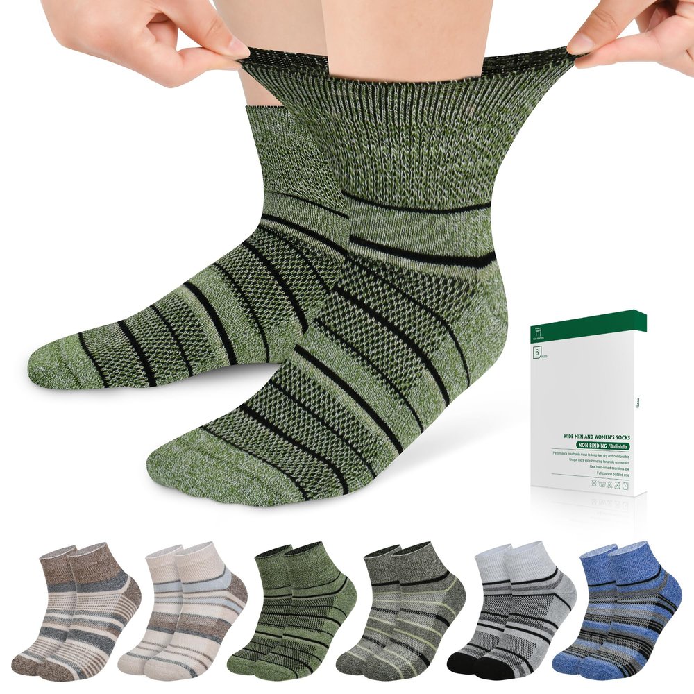 Bulinlulu Diabetic Socks for Men Women,6 Pairs Non Binding Ankle Diabetic Socks for Women Men Size 9-12 10-13(Dark Mix Stripe-Large)