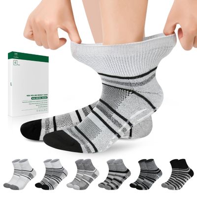 Bulinlulu Diabetic Hospital Socks with Grips for Men Women, 6 Pairs Non Binding Diabetic Ankle Slipper Socks Size 9-11(Dark Grey Stripe-Large)