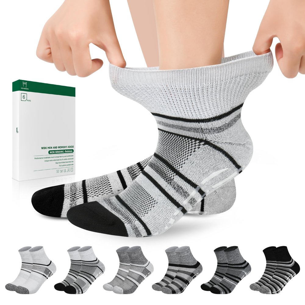 Bulinlulu Diabetic Hospital Socks with Grips for Men Women, 6 Pairs Non Binding Diabetic Ankle Slipper Socks Size 9-11(Dark Grey Stripe-Large)