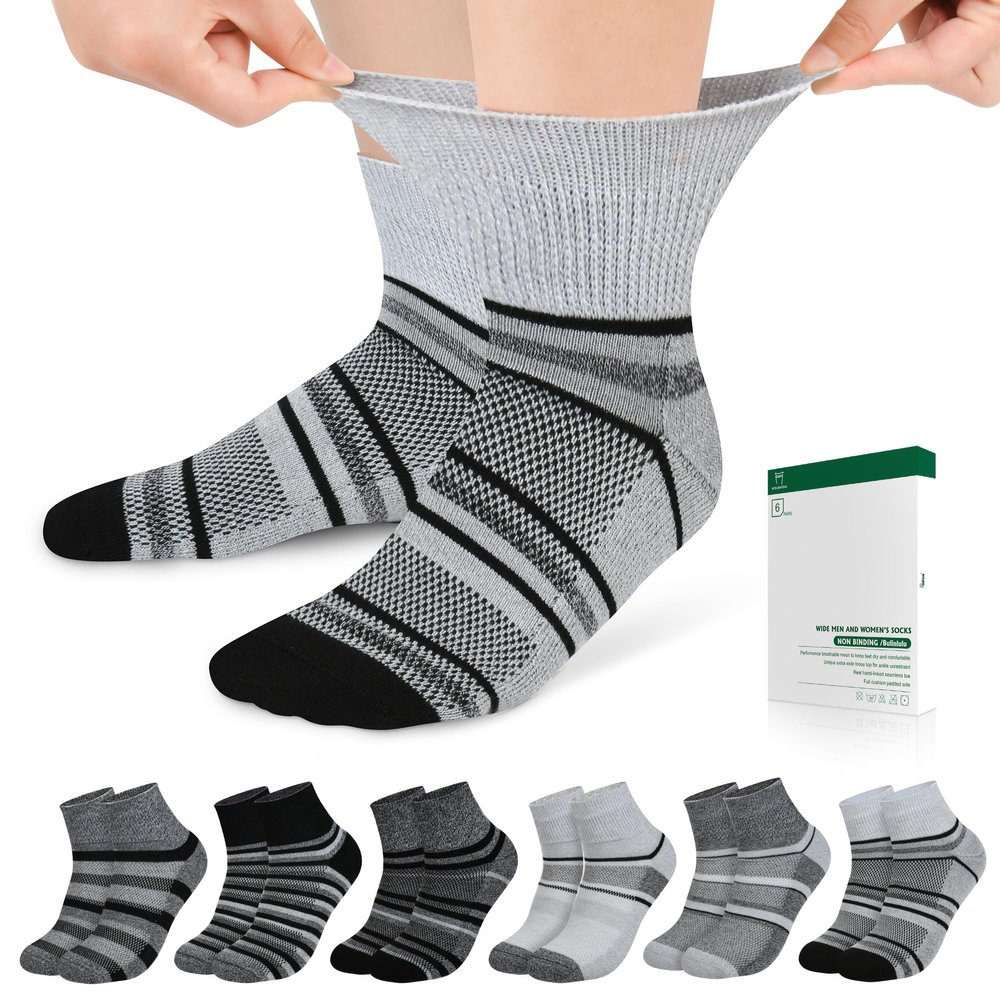 Bulinlulu Diabetic Socks for Men Women,6 Pairs Non Binding Ankle Diabetic Socks for Women Men Size 9-12 10-13(Dark Grey Stripe-Large)