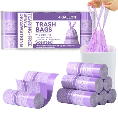 Freshlix 4 Gallon Small Trash Bags No-Tearing Drawstring Strong Garbage Bags Lightly Scented Bathroom Trash Bag 217 Count for Home, Office, Kitchen,Outdoor Camping