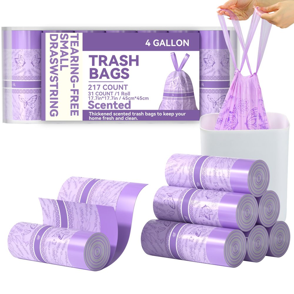 Freshlix 4 Gallon Small Trash Bags No-Tearing Drawstring Strong Garbage Bags Lightly Scented Bathroom Trash Bag 217 Count for Home, Office, Kitchen,Outdoor Camping