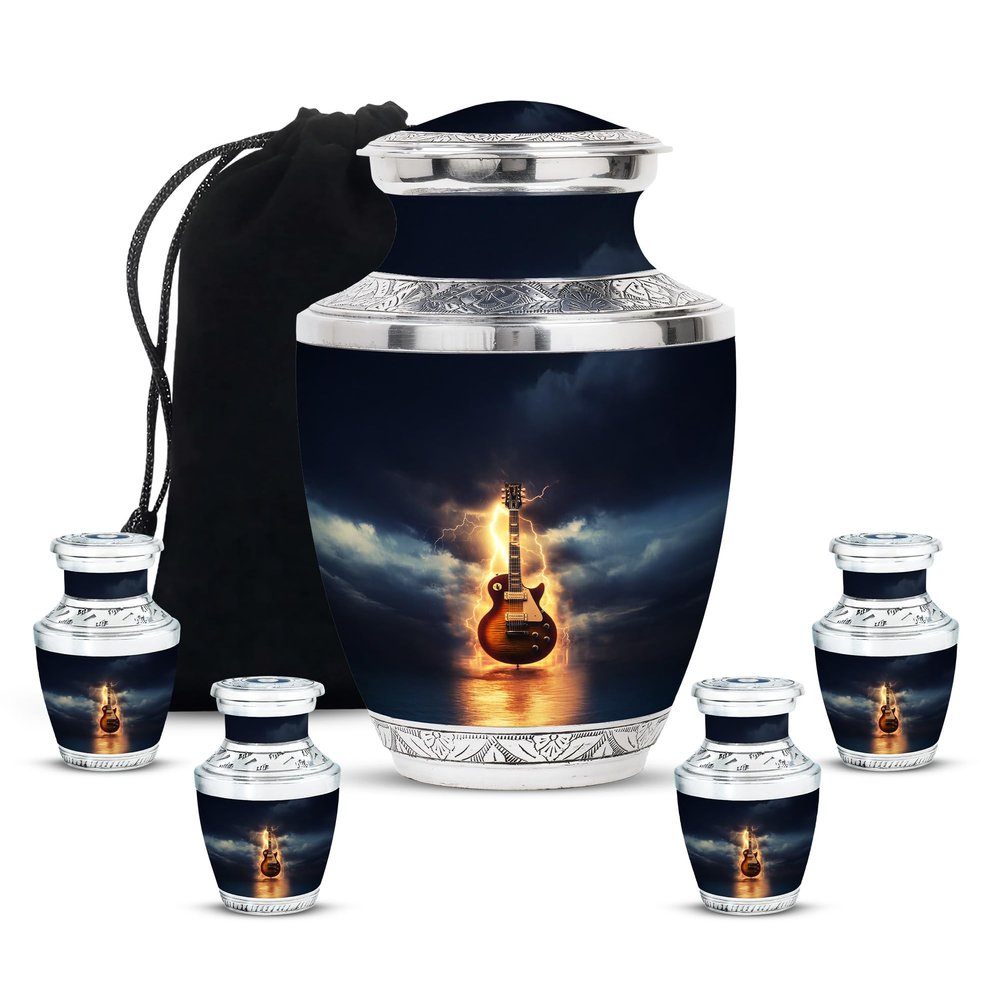 KARYLIZ Guitar Memorial Cremation Urns for Human Ashes Adult Male, Small Funeral Urns for Female, Tiny Ashes Holder for Women & Men, Burial Cremation Music Urn (Combo of 5, 10" & 3")