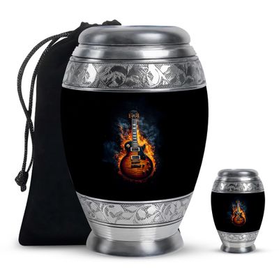 Blackk Guitar Fire Large Funeral Urns for Ashes Adult Male - Small Memorial Urn for Ashes Adult Women - Funeral Ashes 1 Large 1 Keepsake