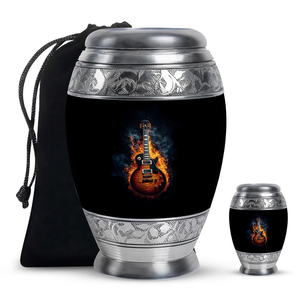 Blackk Guitar Fire Large Funeral Urns for Ashes Adult Male - Small Memorial Urn for Ashes Adult Women - Funeral Ashes 1 Large 1 Keepsake
