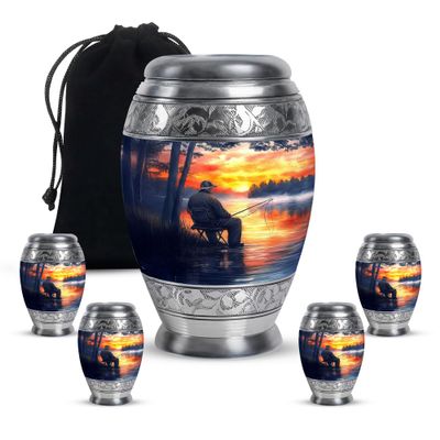 Fishing Adult Cremation Funeral Urn for Human Ashes, Keepsake Memorial Gift, Mini Urns for Ash Container, Combo, Grey (10 Inch & 3 Inch Mini Set of 3)