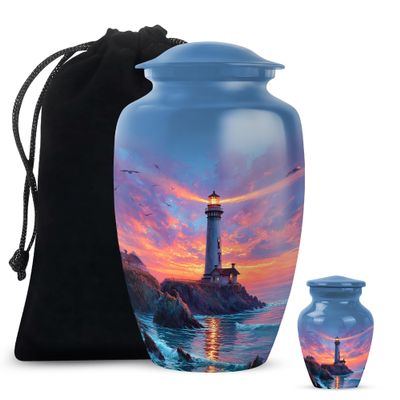 Funeral and Memorial Urns for Human Ashes, Lighthouse Keepsake Urn for Ash, Adult Funeral Urn Handcrafted, Memorial Gift, Combo, Blue (10 Inch & 3 Inch Mini)