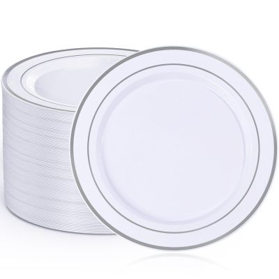 Sykomo 100PCS White Plastic Plates, 10 Inch Disposable Dinner Plate Party with Silver Rim, Heavy Duty Disposable Plastic Plates for Party, Wedding and Birthday