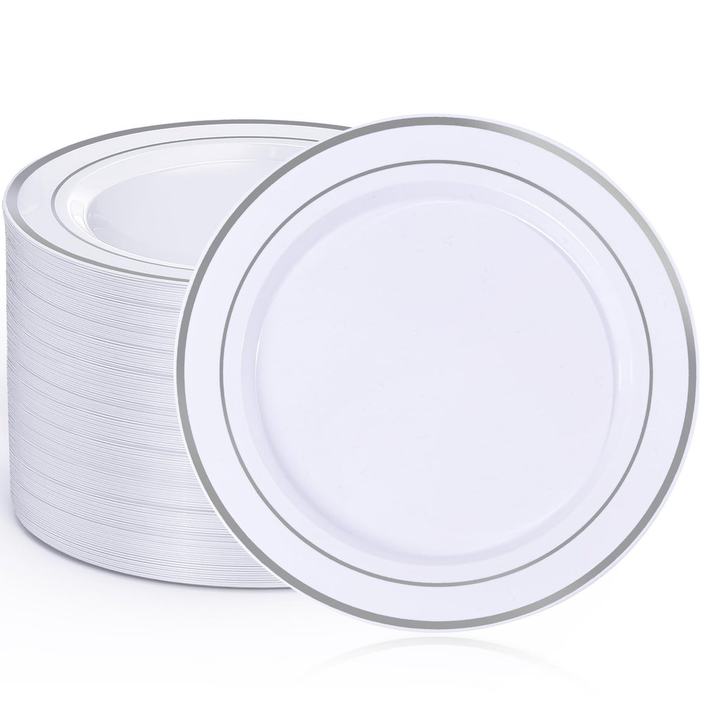 Sykomo 100PCS White Plastic Plates, 10 Inch Disposable Dinner Plate Party with Silver Rim, Heavy Duty Disposable Plastic Plates for Party, Wedding and Birthday
