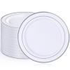 Sykomo 100PCS White Plastic Plates, 10 Inch Disposable Dinner Plate Party with Silver Rim, Heavy Duty Disposable Plastic Plates for Party, Wedding and Birthday view 1