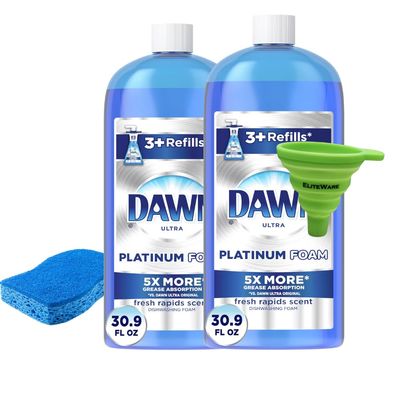 EliteWare Dish Sponge with one Collapsible Funnel and Dawn Ultra Platinum Foam Dish Soap - 30.9 oz Refill, Fresh Rapids Scent (2 Bottles)