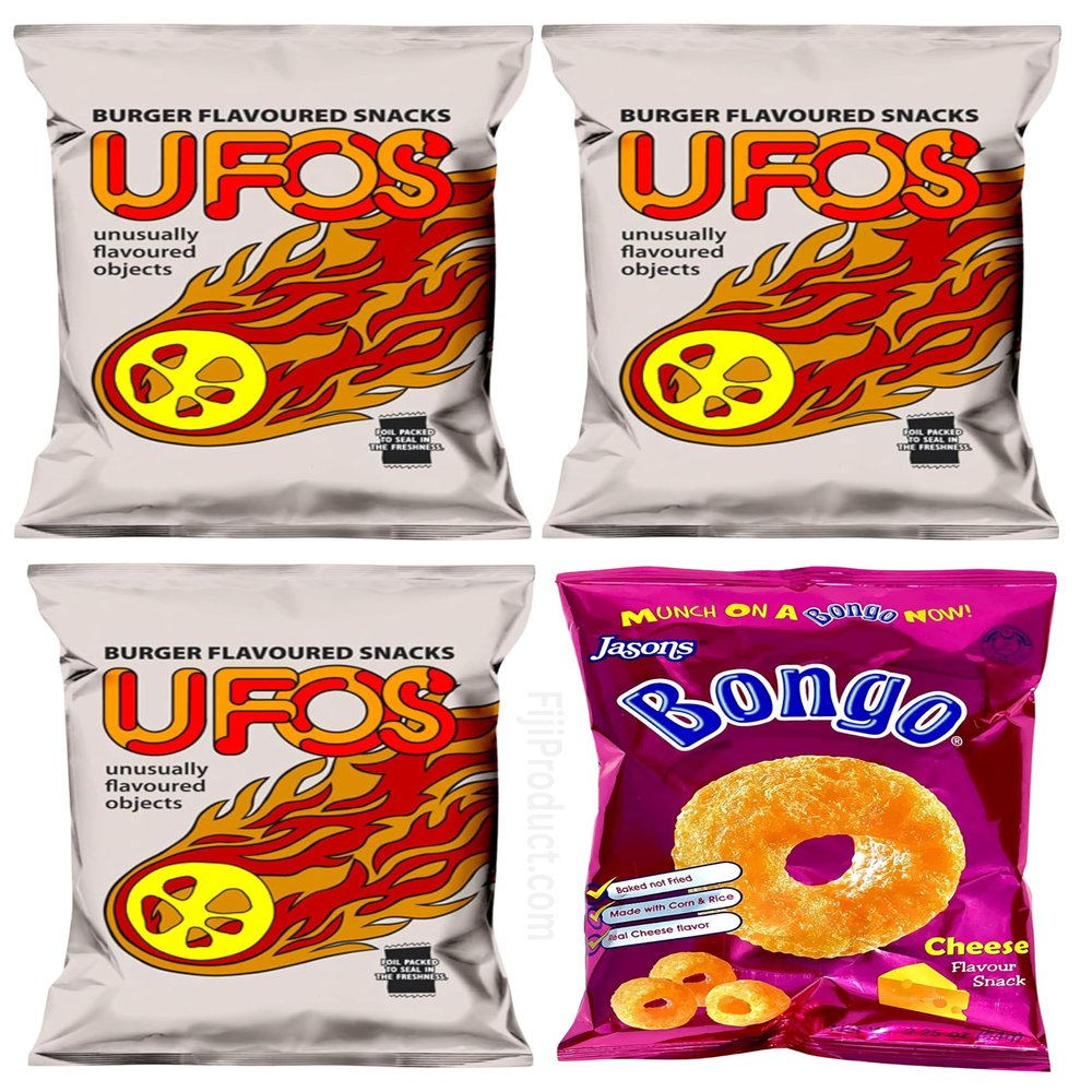 Combo Puffs Snack - 3 x 100g UFO'S Burger Flavor & 1 x 28g Bongo Cheese (Value Pack Of 4) Favorite Snack Of The Pacific Islanders