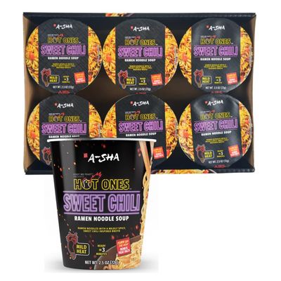 A-Sha x Hot Ones Spicy Ramen Noodle Soup Cup, 6 Pack, Sweet Chili (Mild Heat) Flavor, Premium Microwaveable Ramen Soup