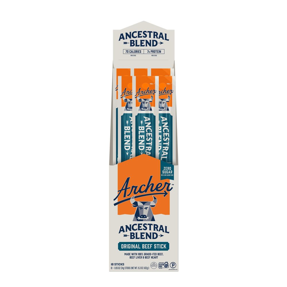 Country Archer Ancestral Beef Jerky Sticks - Grass Fed Beef Individually Wrapped, Sugar Free, Bulk, Jerky Snack Packs, Gluten Free, Paleo, Keto, 7g Protein Each - 1 oz (Pack of 18)