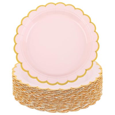 AimFun Pink Disposable Dessert Party Plates 7inch Gold Foil Scalloped Paper Plate for Valentines Day Bridal Baby Shower Wedding Tea Party Supplies