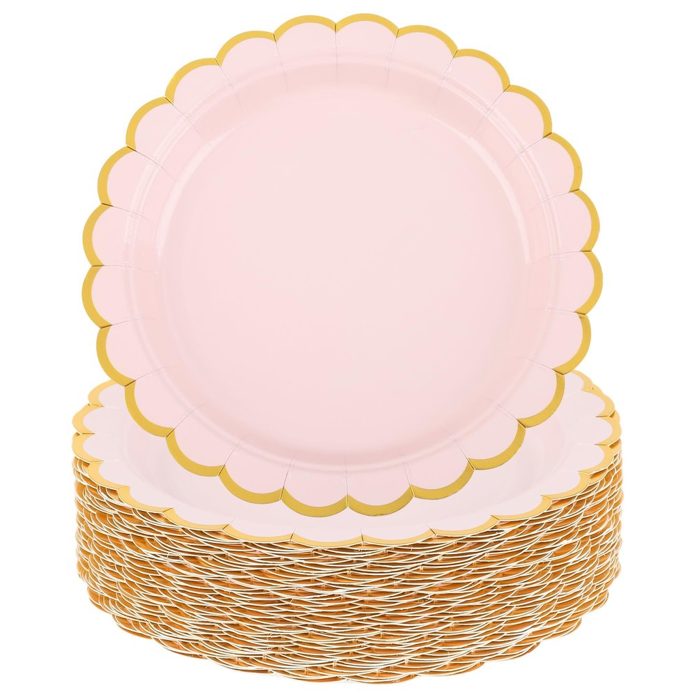 AimFun Pink Disposable Dessert Party Plates 7inch Gold Foil Scalloped Paper Plate for Valentines Day Bridal Baby Shower Wedding Tea Party Supplies