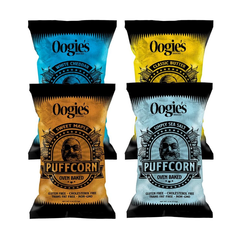 Oogie's Gourmet Puffcorn | Variety Pack | Hull-Free Puffed Corn Snacks | Kettle Corn Alternative | Gluten Free Non-GMO | 4oz Bags, 4 Pack