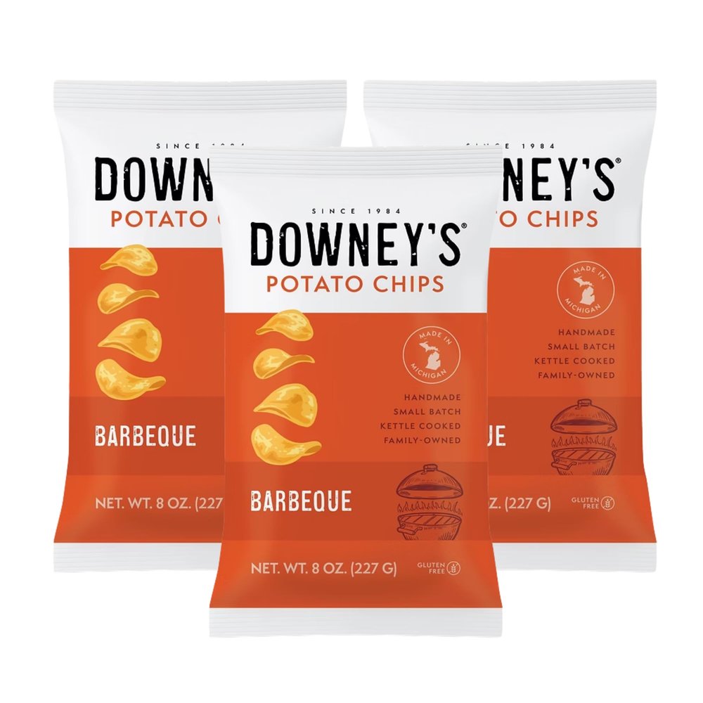 Downeys Potato Chips, Kettle-Cooked Potato Chips, Handcrafted Snack, Small-Batch, Light and Crispy, Gluten-Free, Made in Michigan (8oz, 3-Pack) (Barbeque)