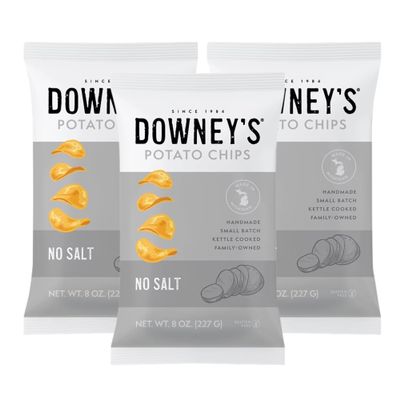 Downeys Potato Chips, No Salt Kettle-Cooked Potato Chips, Handcrafted Snack, Small-Batch, Light and Crispy, Gluten-Free, Made in Michigan (8oz, 3-Pack)